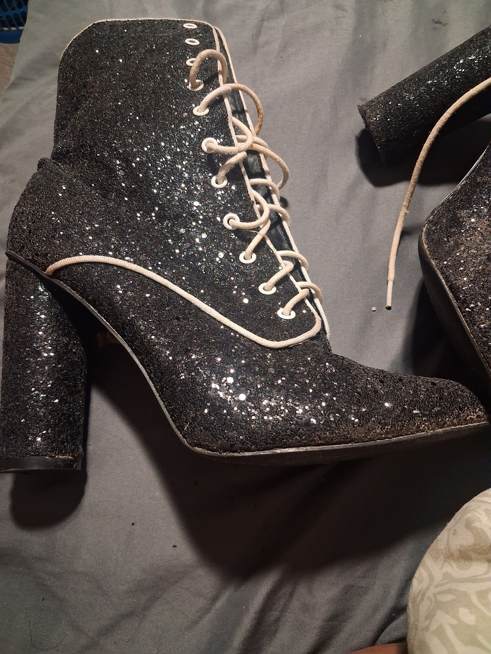 Black Glitter Lace-Up Block Heel Ankle Boots - Women's